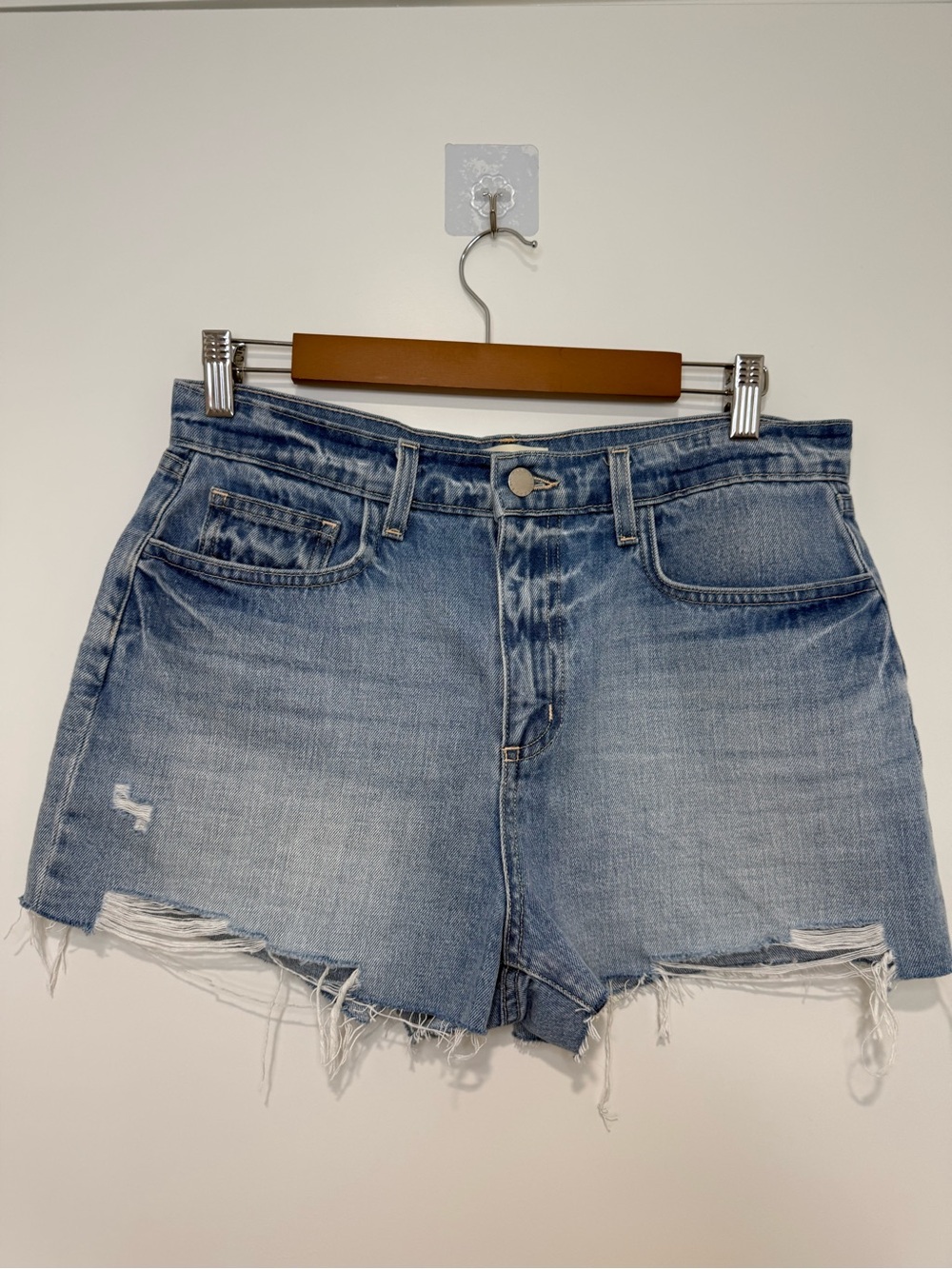 L'AGENCE Light Blue Distressed Denim Shorts